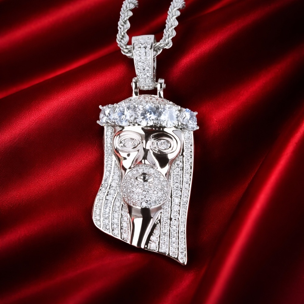 Silver Tone Crystal Jesus Piece Pendant Necklace - 24inch